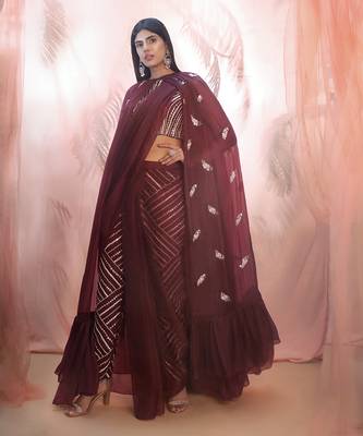 WIne pant saree with cape 1