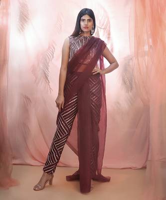 WIne pant saree with cape 2