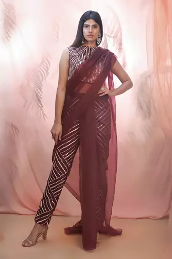 WIne pant saree with cape