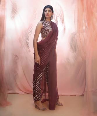 WIne pant saree with cape 3