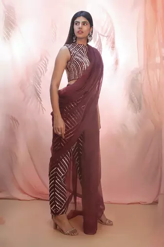 WIne pant saree with cape
