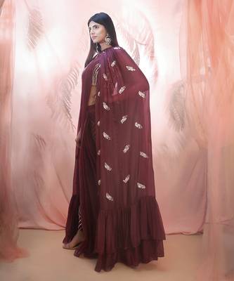 WIne pant saree with cape 4