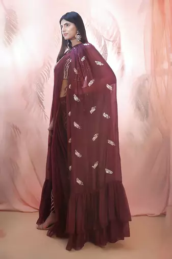 WIne pant saree with cape