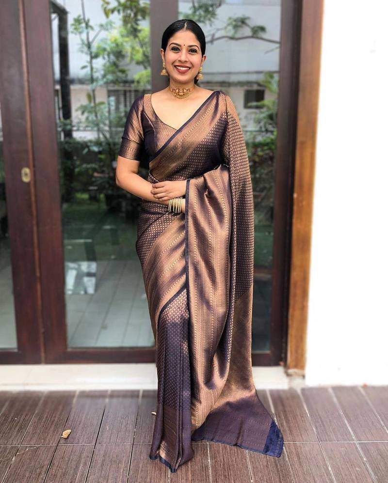 Blue woven banarasi silk saree with blouse