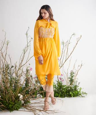 YELLOW EMBROIDERED PANT SET WITH BUSTIER AND TUNIC 1