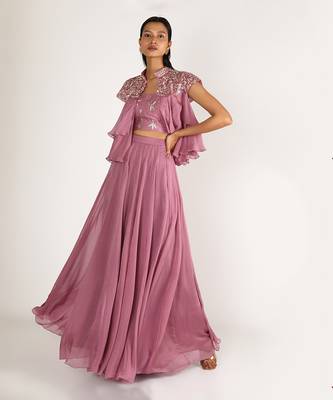 PURPLE  EMBROIDERED COLLAR NECK SKIRT SET 1