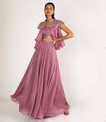 PURPLE  EMBROIDERED COLLAR NECK SKIRT SET