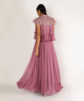PURPLE  EMBROIDERED COLLAR NECK SKIRT SET 2