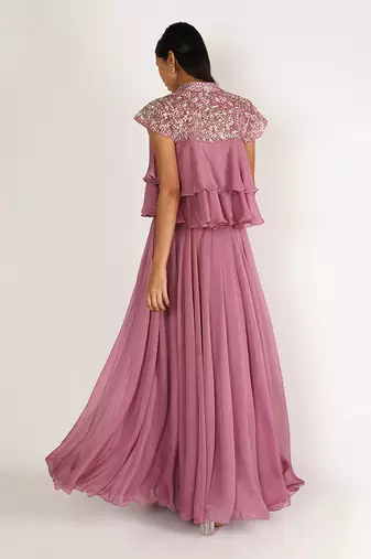 PURPLE  EMBROIDERED COLLAR NECK SKIRT SET