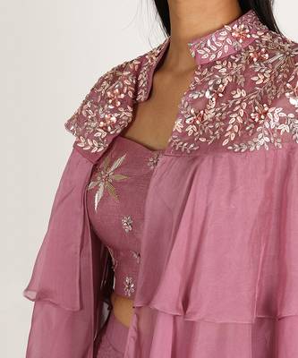 PURPLE  EMBROIDERED COLLAR NECK SKIRT SET 3