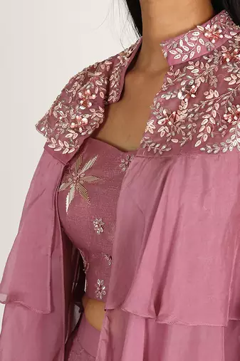 PURPLE  EMBROIDERED COLLAR NECK SKIRT SET