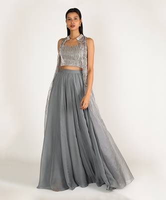 GREY EMBROIDERED LEHENGA SKIRT SET WITH JACKET 1