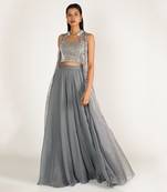 GREY EMBROIDERED LEHENGA SKIRT SET WITH JACKET
