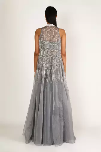 GREY EMBROIDERED LEHENGA SKIRT SET WITH JACKET