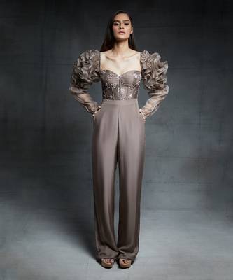 Featuring a chickoo embroidered corset jumpsuit with ruffle sleeves 1