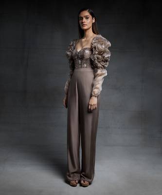 Featuring a chickoo embroidered corset jumpsuit with ruffle sleeves 2