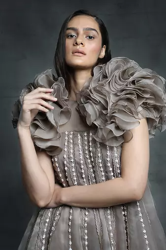 Featuring a chickoo embroidered trapeze gown with a ruffle jacket