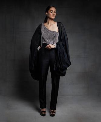 black embroidered jumpsuit with puff sleeves 1