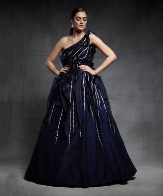 midnight blue embroidered one shoulder ruffled gow 1