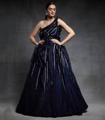 midnight blue embroidered one shoulder ruffled gow