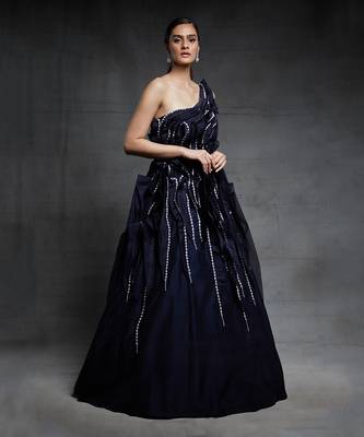 midnight blue embroidered one shoulder ruffled gow 2