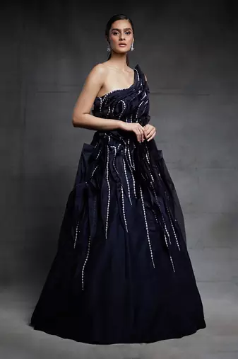 midnight blue embroidered one shoulder ruffled gow
