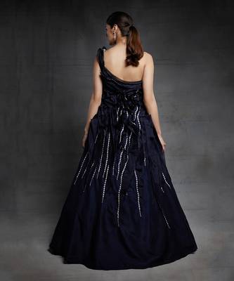 midnight blue embroidered one shoulder ruffled gow 3