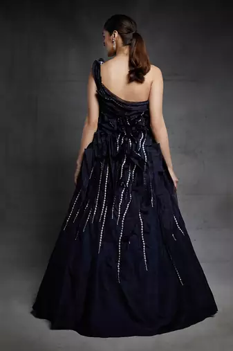 midnight blue embroidered one shoulder ruffled gow