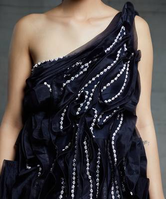 midnight blue embroidered one shoulder ruffled gow 4