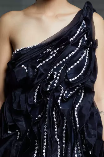 midnight blue embroidered one shoulder ruffled gow