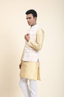 Anny's Culture Cream Floral Pattern Polyester Wedding Nehru Jacket (Coti) 3