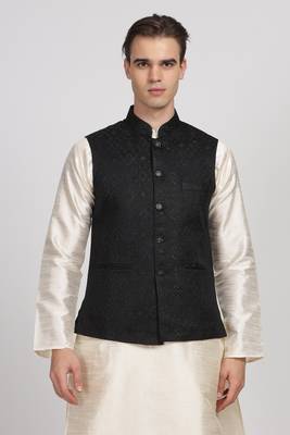 Anny's Culture Black Floral Pattern Polyester Wedding Nehru Jacket (Coti) 1