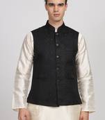 Anny's Culture Black Floral Pattern Polyester Wedding Nehru Jacket (Coti)