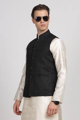 Anny's Culture Black Floral Pattern Polyester Wedding Nehru Jacket (Coti) 2
