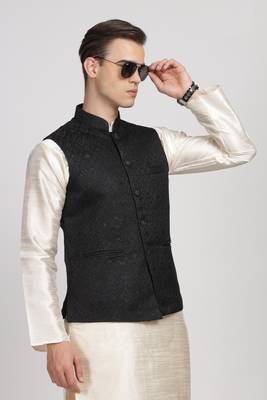 Anny's Culture Black Floral Pattern Polyester Wedding Nehru Jacket (Coti) 3