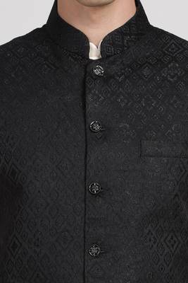 Anny's Culture Black Floral Pattern Polyester Wedding Nehru Jacket (Coti) 5