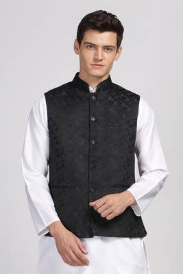 Anny's Culture Black Floral Pattern Polyester Wedding Nehru Jacket (Coti) 1