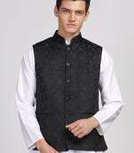 Anny's Culture Black Floral Pattern Polyester Wedding Nehru Jacket (Coti)