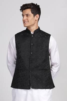 Anny's Culture Black Floral Pattern Polyester Wedding Nehru Jacket (Coti) 2