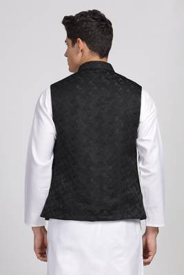 Anny's Culture Black Floral Pattern Polyester Wedding Nehru Jacket (Coti) 3