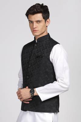 Anny's Culture Black Floral Pattern Polyester Wedding Nehru Jacket (Coti) 4