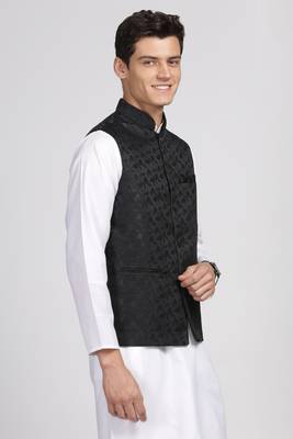 Anny's Culture Black Floral Pattern Polyester Wedding Nehru Jacket (Coti) 5