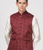 Anny's Culture Maroon Floral Pattern Polyester Wedding Nehru Jacket (Coti)