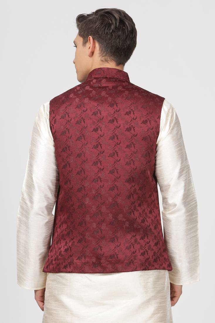 Anny's Culture Maroon Floral Pattern Polyester Wedding Nehru Jacket (Coti)