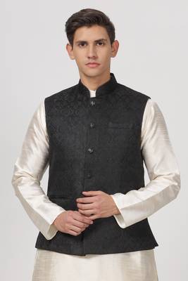 Anny's Culture Black Floral Pattern Polyester Wedding Nehru Jacket (Coti) 1