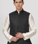Anny's Culture Black Floral Pattern Polyester Wedding Nehru Jacket (Coti)