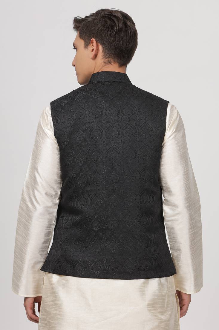 Anny's Culture Black Floral Pattern Polyester Wedding Nehru Jacket (Coti)