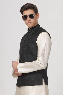Anny's Culture Black Floral Pattern Polyester Wedding Nehru Jacket (Coti) 3