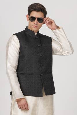 Anny's Culture Black Floral Pattern Polyester Wedding Nehru Jacket (Coti) 4
