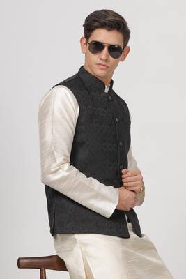 Anny's Culture Black Floral Pattern Polyester Wedding Nehru Jacket (Coti) 5